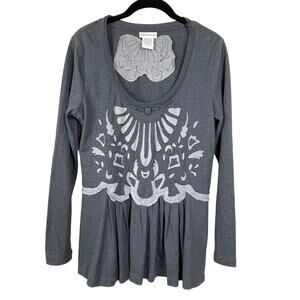 Soft Surroundings Gray Laser‎ Cut Top M Long Sleeve Scoop Neck Boho Cottagecore